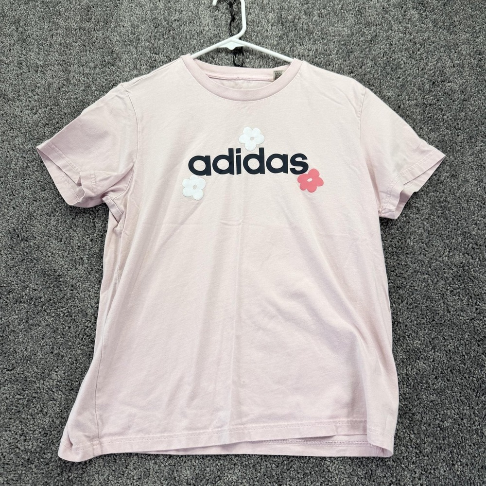 Adidas Shirt Girls Large Pink Floral Logo Graphic Tee Casual Athletic Top